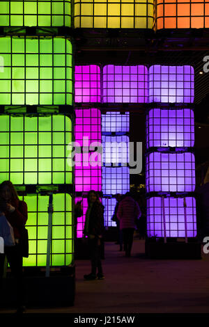 Southampton, UK - 17 Feb 2017: A free public Light Show celebrating the completion of West Quay leisure complex. Installation are placed on the walkwa Stock Photo