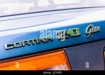 Rear badge of a blue Ford Cortina Mark V 2.0 Ghia (1979-1982) Stock Photo