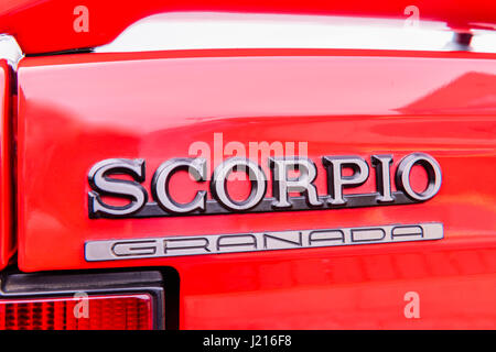 Rear badge of a red Ford Scorpio executive car produced by Ford Europe from 1985 to 1998 Stock Photo