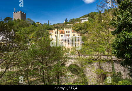 Merano (or Meran) is a city surrounded by mountains near Passeier Valley and Val Venosta (South Tyrol, Italy). the Tappeiner Promenade Stock Photo