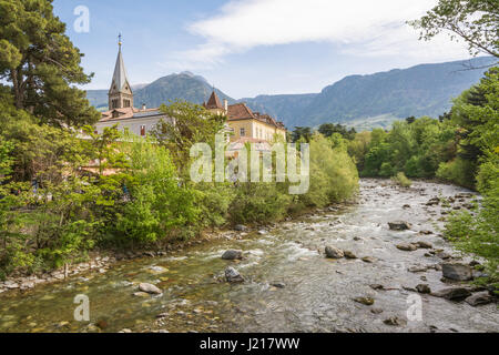 Merano (or Meran) is a city surrounded by mountains near Passeier Valley and Val Venosta (South Tyrol, Italy). the Tappeiner Promenade Stock Photo