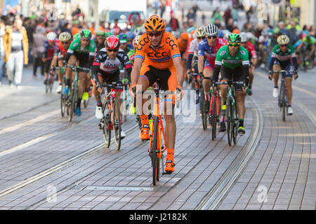 ZAGREB, CROATIA - APRIL 23, 2017: Bikers racing  during 6th stage race in Tour of Croatia, international cycling race run along Adriatic coast and inl Stock Photo