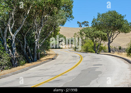 A highway winds around live oak trees on a road leading towards a hill in the Santa Ynez Valley Wine Country, near Los Olivos, CA Stock Photo