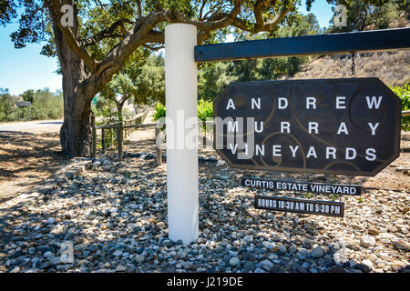 Rustic yet stylish sign and entrance to the Andrew Murray vineyards in the Santa Ynez Valley wine country near Los Olivos, CA Stock Photo