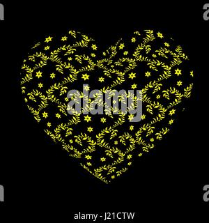 Yellow openwork pattern in the form of a large heart on the black background. Gift for Valentines day Stock Vector