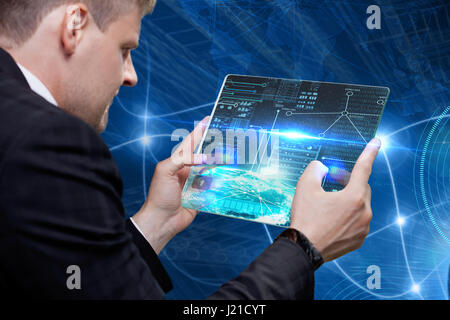Businessman touching digital touchscreen . Innovative technologies. Global business. Stock Photo