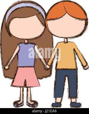 blurred colorful faceless couple kids in casual clothes with taken hands Stock Vector