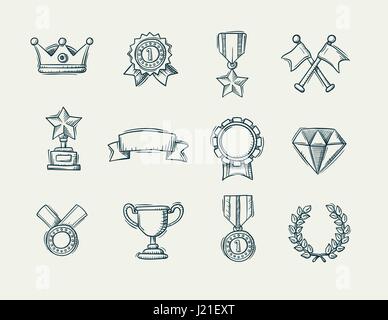 Collection of doodle handdrawn award icons Stock Vector