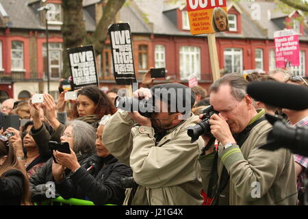 London, UK. 23rd April, 2017.Photographers line up to get a photo of the Labour leader. Jeremy Corbyn speaks at an event 'Haringey Diversity Celebration' held to mark the 40th anniversary of a protest that blocked the National Front marching through the area. Roland Ravenhill/ Alamy Live News Stock Photo