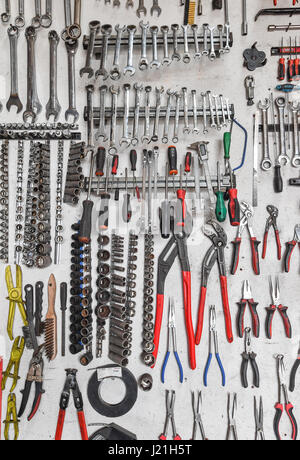 Tools neatly arranged on a wall in a car repair shop in Treplin, Germany, 21 April 2017. Photo: Patrick Pleul/dpa-Zentralbild/ZB Stock Photo