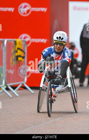 London, UK. 23rd April, 2017. Laurens Molina (CRC) giving a thumbs up as he finishes the Men's Virgin Money London Marathon Wheelchair Elite race. Molina achieved 25th place with a time of 1hr 38mins 38secs. Credit: Michael Preston/Alamy Live News Stock Photo