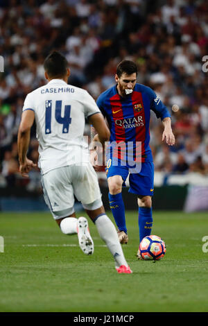 Madrid, Spain. 23rd April, 2017. Lionel Andres Messi (10) FC Barcelona's player. Carlos Enrique Casemiro (14) Real Madrid's player.La Liga between Real Madrid vs FC Barcelona at the Santiago Bernabeu stadium in Madrid, Spain, April 23, 2017 . Credit: Gtres Información más Comuniación on line,S.L./Alamy Live News Stock Photo