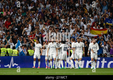 Madrid, Spain. 23rd April, 2017. Keylor Navas Gamboa (1) Real Madrid's player celebrates the (1,0) after scoring his team´s goal. Carlos Enrique Casemiro (14) Real Madrid's player.La Liga between Real Madrid vs FC Barcelona at the Santiago Bernabeu stadium in Madrid, Spain, April 23, 2017 . Credit: Gtres Información más Comuniación on line,S.L./Alamy Live News Stock Photo