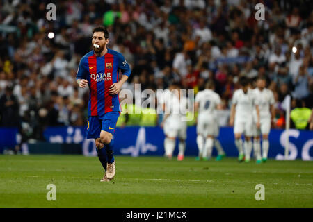 Madrid, Spain. 23rd April, 2017. Keylor Navas Gamboa (1) Real Madrid's player celebrates the (1,0) after scoring his team´s goal. Carlos Enrique Casemiro (14) Real Madrid's player.Lionel Andres Messi (10) FC Barcelona's player.La Liga between Real Madrid vs FC Barcelona at the Santiago Bernabeu stadium in Madrid, Spain, April 23, 2017 . Credit: Gtres Información más Comuniación on line,S.L./Alamy Live News Stock Photo