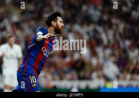 Lionel Andres Messi (10) FC Barcelona's player celebrates the (1,1) after scoring his team´s goal. La Liga between Real Madrid vs FC Barcelona at the Santiago Bernabeu stadium in Madrid, Spain, April 23, 2017 . Stock Photo