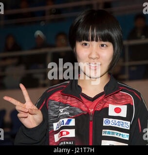 Incheon, South Korea. 23rd Apr, 2017. Miu Hirano (JPN) Table Tennis : Miu Hirano of Japan poses for fans taking pictures at the 2017 ITTF World Tour Korea Open Table Tennis in Incheon, South Korea . Credit: Lee Jae-Won/AFLO/Alamy Live News Stock Photo