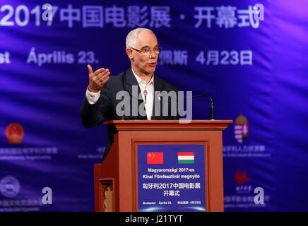 Budapest, Hungary. 23rd Apr, 2017. Hungarian Minister of Human Resources Zoltan Balog speaks during the opening ceremony of the 2017 Chinese Film Festival at the Urania National Film Theater in Budapest, Hungary, on April 23, 2017. The 2017 Chinese Film Festival started here on Sunday with the presence of world famous film star Jackie Chan and five movies, one of which is Jackie Chan's latest production 'Kung Fu Yoga'. Credit: Ye Pingfan/Xinhua/Alamy Live News Stock Photo