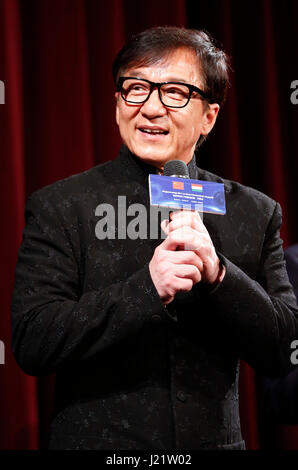 Budapest, Hungary. 23rd Apr, 2017. Movie star Jackie Chan introduces film 'Kung Fu Yoga' during the opening ceremony of the 2017 Chinese Film Festival at the Urania National Film Theater in Budapest, Hungary, on April 23, 2017. The 2017 Chinese Film Festival started here on Sunday with the presence of world famous film star Jackie Chan and five movies, one of which is Jackie Chan's latest production 'Kung Fu Yoga'. Credit: Ye Pingfan/Xinhua/Alamy Live News Stock Photo