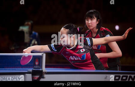 Incheon, South Korea. 23rd Apr, 2017. Hina Hayata and Mima Ito (JPN) Table Tennis : Hina Hayata and Mima Ito (front) of Japan in action during the 2017 ITTF World Tour Korea Open Table Tennis, Women's Doubles Final in Incheon, South Korea . Credit: Lee Jae-Won/AFLO/Alamy Live News Stock Photo