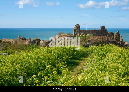 Hastings Castle, flying the Union Jack flag, Castle Hill, East Sussex, England, United Kingdom, UK, Great Britain, GB Stock Photo