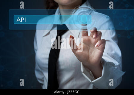 Business, technology, internet and networking concept. Business woman presses a button on the virtual screen: API Stock Photo