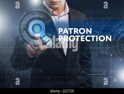 Business, Technology, Internet and network concept. Business man working on the tablet of the future, select on the virtual display: patron protection Stock Photo