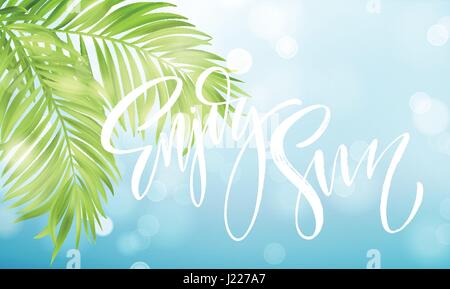 Enjoy the summer handwriting on the background of the sea and palm leaves. Vector illustration Stock Vector