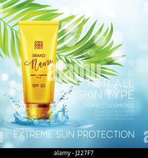 Sun protection cosmetic products design template. Vector illustration Stock Vector