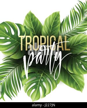 Summer tropical leaf background with exotic palm leaves. Party flyer template. Handwriting lettering. Vector illustration Stock Vector