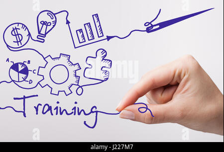 Technology, internet, business and marketing. Young business woman writing word: Training Stock Photo