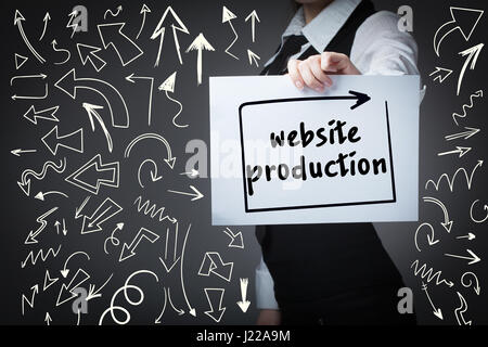 Technology, internet, business and marketing. Young business woman writing word: website production Stock Photo