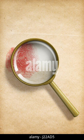 fingerprint through magnifying glass on paper 3d illustration Stock Photo