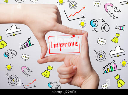 Technology, internet, business and marketing. Young business woman writing word: Improve Stock Photo