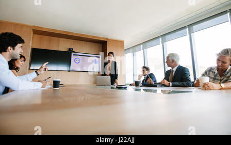 Business colleagues working together in a conference room. Multi ethnic group of business people discussing business strategy. Stock Photo