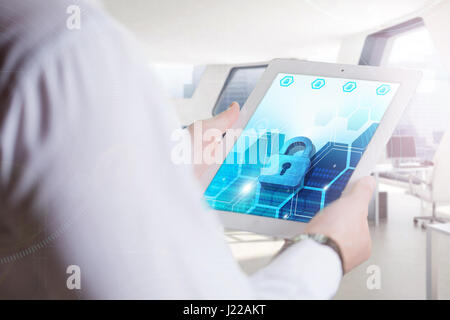 Business, Technology, Internet and network concept. Young business man, working on the tablet of the future, select on the virtual display Stock Photo