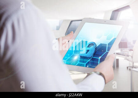 Business, Technology, Internet and network concept. Young business man, working on the tablet of the future, select on the virtual display Stock Photo