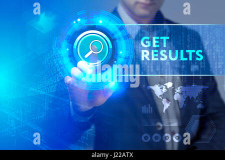 Business, Technology, Internet and network concept. Business man working on the tablet of the future, select on the virtual display: Get results Stock Photo