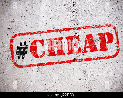 Hashtag Cheap on grunge concrete wall. Rubber stamp style illustration Stock Photo