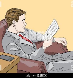 businessman reading a newspaper. Caricature cartoon style hand drawn color illustration Stock Vector