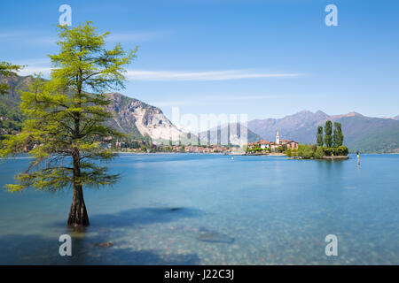 View over lake from Isola Bella to Isola Pescatori, Lake Maggiore, Italy in April Stock Photo