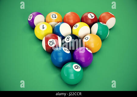 3D illustration Billiard balls arranged in a triangle viewed from above, top view. Snooker, Pool game. Billiard concept Stock Photo