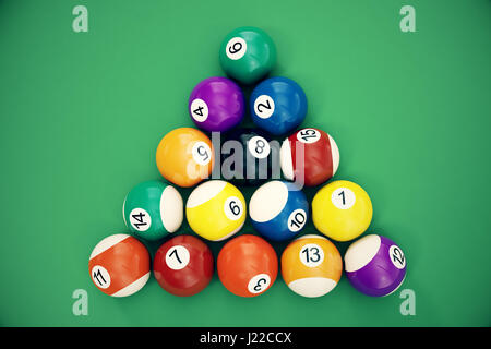 3D illustration Billiard balls arranged in a triangle viewed from above, top view. Snooker, Pool game. Billiard concept Stock Photo