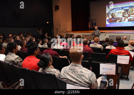 Maj. Gen. Bob LaBrutta, 2nd Air Force commander, welcomes Air Force ROTC cadets here during Pathways to Blue at the Welch Theater April 7, 2017, on Keesler Air Force Base, Miss. Pathways to Blue, a diversity outreach event hosted by 2nd Air Force, provided 178 cadets from seven detachments a chance to interact with officers from 36 different specialties from across the Air Force. (U.S. Air Force photo by Kemberly Groue) Stock Photo