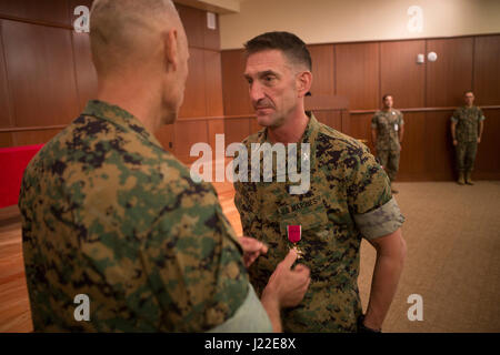 Lt. Gen. Rex C. McMillian (left), commander of Marine Forces Reserve and Marine Forces North, awards the Legion of Merit to Col. Christopher Douglas (right), Assistant Chief of Staff, Operation and Planning, 4th Marine Division, Marine Forces Reserve, during the award ceremony at the Marine Corps Support Facility New Orleans auditorium, April 10, 2017. Douglas was awarded the medal for his outstanding achievements and services to the 4th MARDIV. (U.S. Marine Corps photo by Cpl. Dallas Johnson / Released) Stock Photo