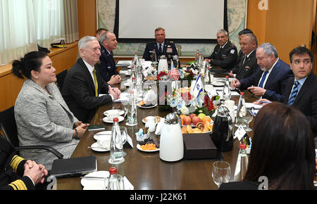 Secretary of Defense visits Israel, received by a full honor guard of IDF soldiers at the Ministry of Defense and IDF headquarters in Tel Aviv, followed by meetings with senior defense officials to discuss defense cooperation and security strategy. Stock Photo