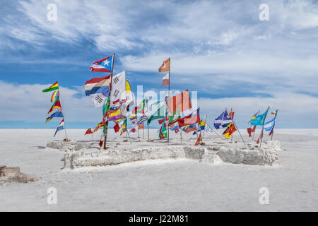 World Flags at Salar de Uyuni salt flat - Potosi Department, Bolivia Stock Photo