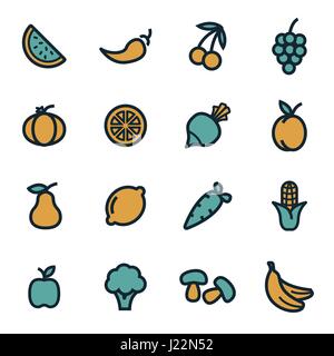 Vector flat fruit and vegetables icons set on white background Stock Vector