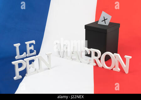 Small black box on French tricolor flag - as visual metaphor for the 2017 French General Election + Le Pen & Macron names Stock Photo