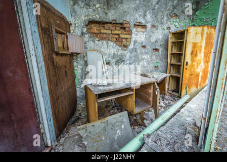 Pripyat river station building, Chernobyl Nuclear Power Plant Zone of Alienation around nuclear reactor disaster in Ukraine Stock Photo