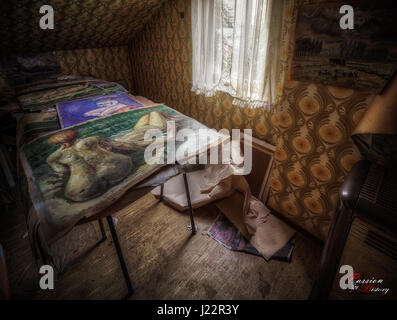 EERIE images reveal incredible art work rediscovered in an abandoned 1960s house frozen in time throughout the years. Other pictures show the intact state of the time capsule house from a dining room filled with a mix of portrait and landscape painting to an untouched lounge, a dimly-lit bedroom with carefully composed painting spread all over, and a loft used to store even more paintings. Captured in Belgium on the borders of Germany by urban explorer, Frank Mirgel (43), on a Canon EOS 600D with 10mm – 18mm wide-angle lens, these photographs display what is believed to be the former home of a Stock Photo